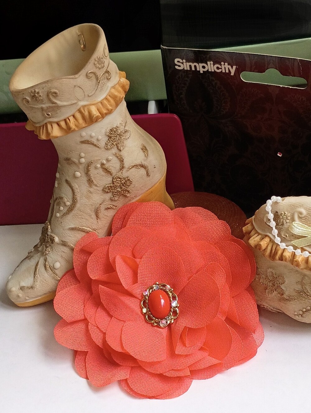 Coral Polyester Petal Rosette with Vintage AB Accents